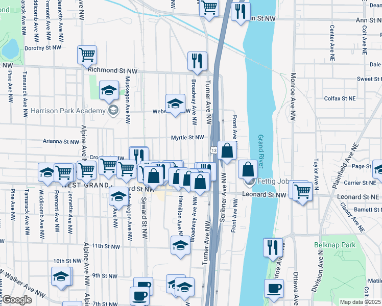 map of restaurants, bars, coffee shops, grocery stores, and more near 1308 Broadway Avenue Northwest in Grand Rapids