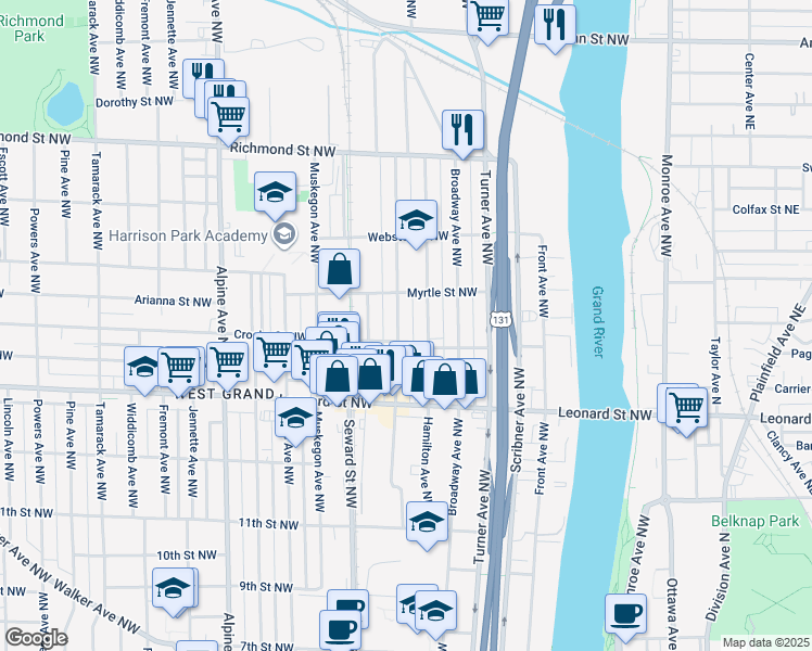 map of restaurants, bars, coffee shops, grocery stores, and more near 533 Crosby Street Northwest in Grand Rapids