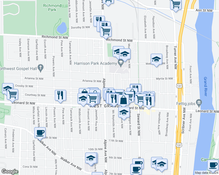 map of restaurants, bars, coffee shops, grocery stores, and more near 746 Crosby Street Northwest in Grand Rapids