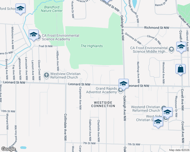 map of restaurants, bars, coffee shops, grocery stores, and more near 1220 Woodland Avenue Northwest in Grand Rapids