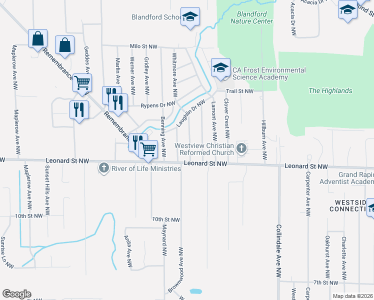 map of restaurants, bars, coffee shops, grocery stores, and more near 1216 Whitmore Avenue Northwest in Grand Rapids