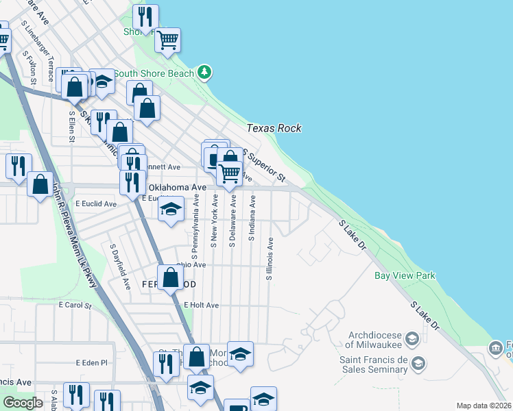 map of restaurants, bars, coffee shops, grocery stores, and more near 3147 South Indiana Avenue in Milwaukee