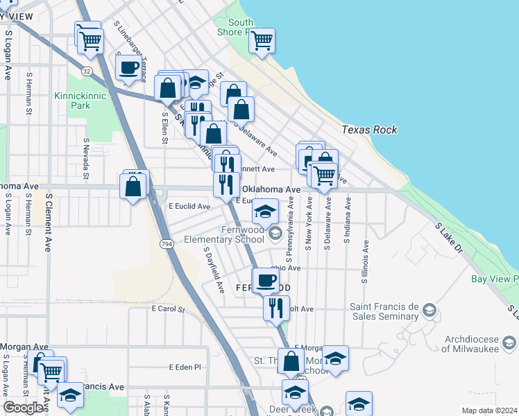 map of restaurants, bars, coffee shops, grocery stores, and more near 3151 South Mabbett Avenue in Milwaukee