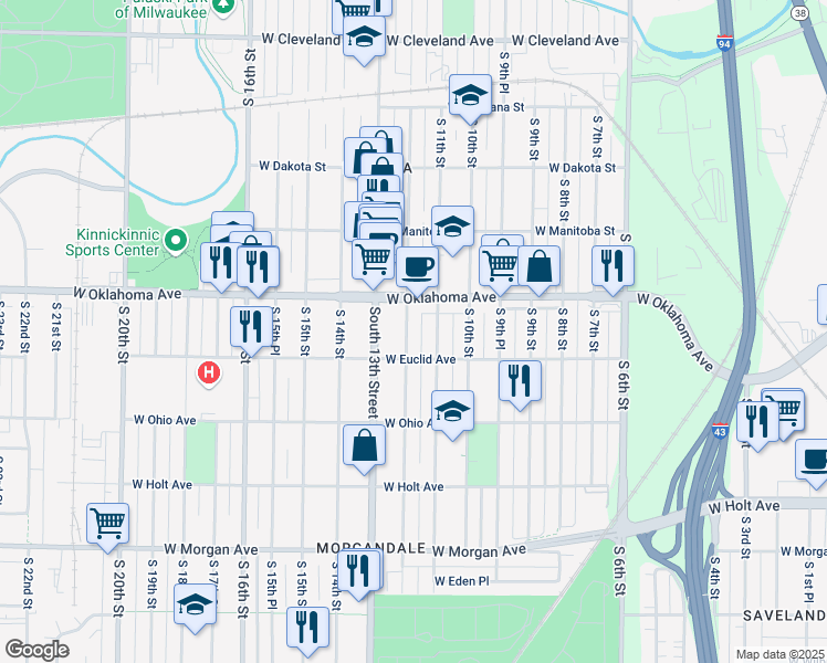 map of restaurants, bars, coffee shops, grocery stores, and more near 3157 South 11th Street in Milwaukee