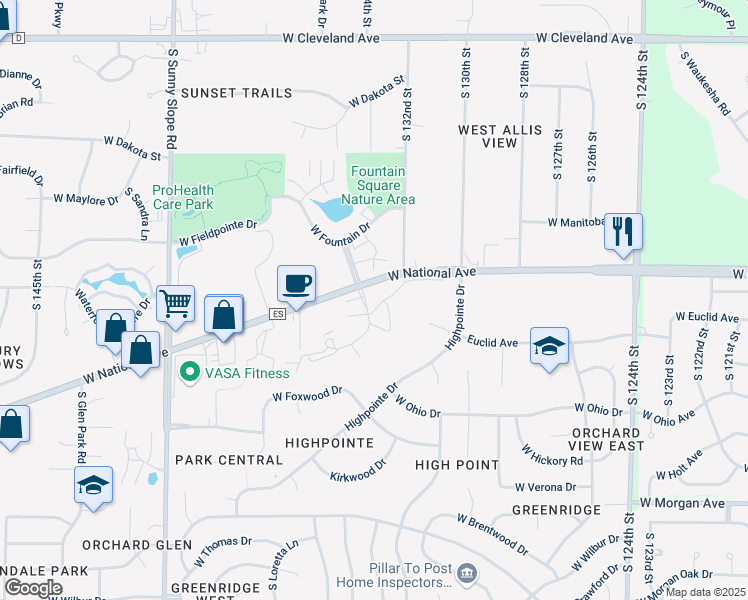map of restaurants, bars, coffee shops, grocery stores, and more near 3125 South Stonegate Circle in New Berlin