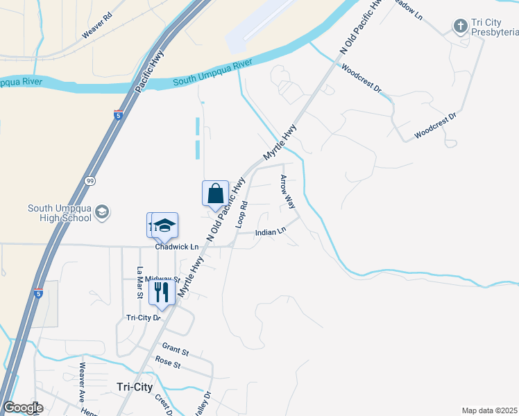 map of restaurants, bars, coffee shops, grocery stores, and more near 157 Broken Bow Court in Myrtle Creek
