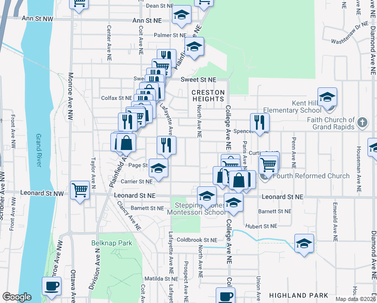 map of restaurants, bars, coffee shops, grocery stores, and more near 1318 Maude Avenue Northeast in Grand Rapids