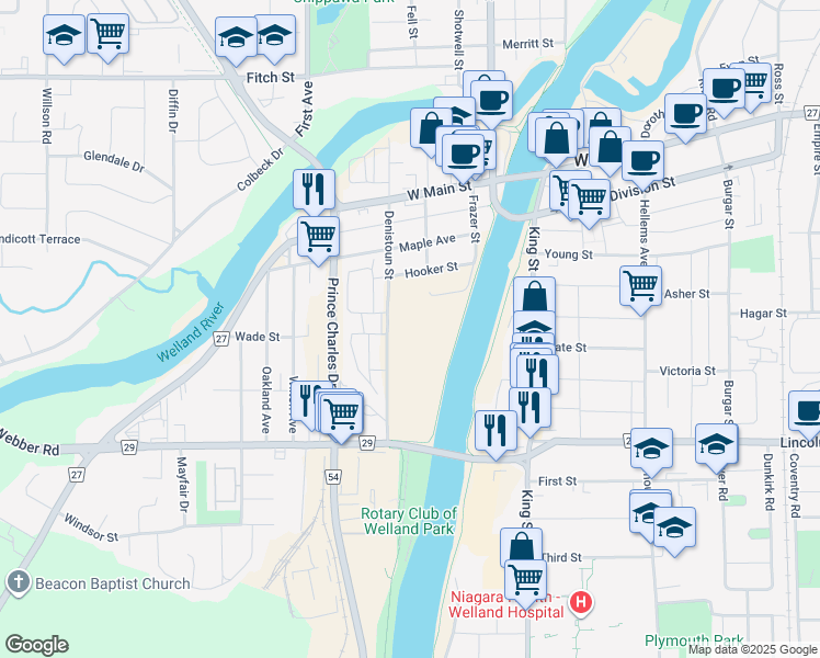 map of restaurants, bars, coffee shops, grocery stores, and more near 200 Denistoun Street in Welland
