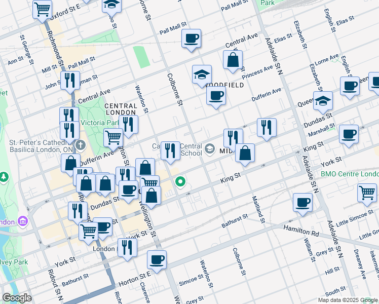 map of restaurants, bars, coffee shops, grocery stores, and more near 365 Queens Avenue in London