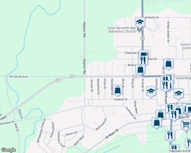 map of restaurants, bars, coffee shops, grocery stores, and more near 1063 West Lincoln Avenue in Ionia