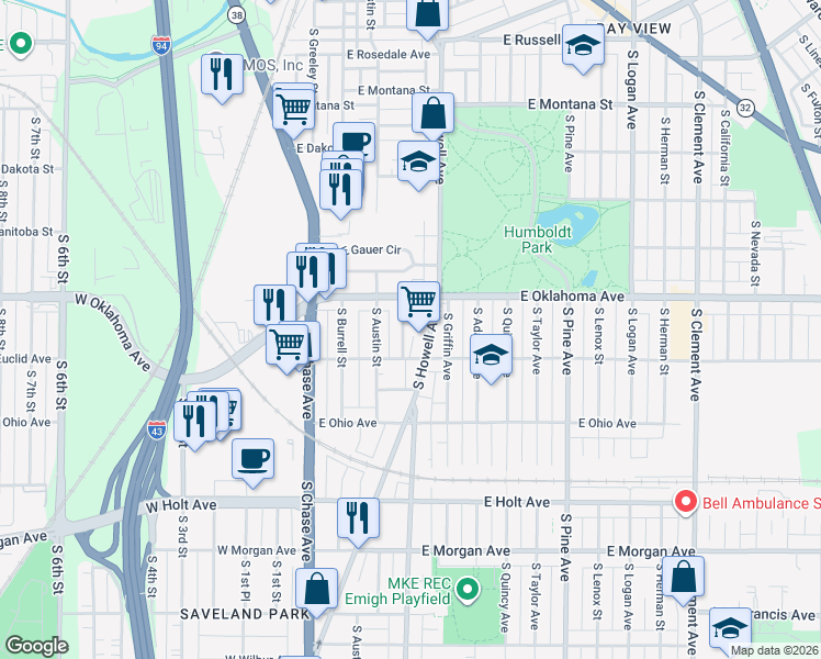 map of restaurants, bars, coffee shops, grocery stores, and more near 3136 South Brisbane Avenue in Milwaukee