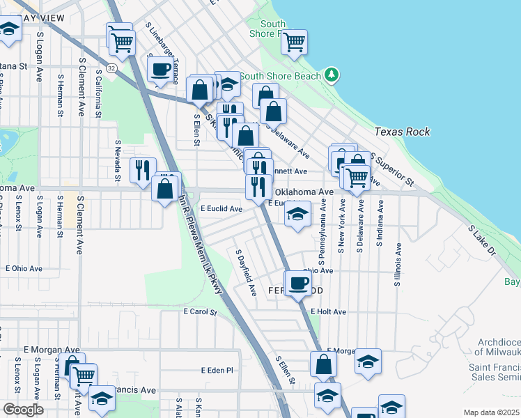 map of restaurants, bars, coffee shops, grocery stores, and more near 2112 East Fernwood Avenue in Milwaukee