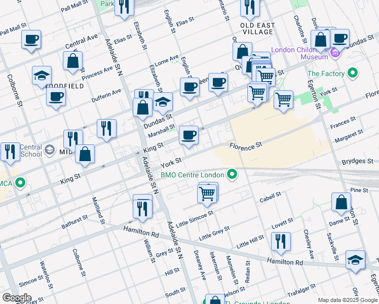 map of restaurants, bars, coffee shops, grocery stores, and more near 700 York Street in London