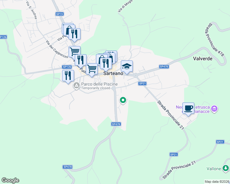 map of restaurants, bars, coffee shops, grocery stores, and more near 23 Viale Amiata in Sarteano
