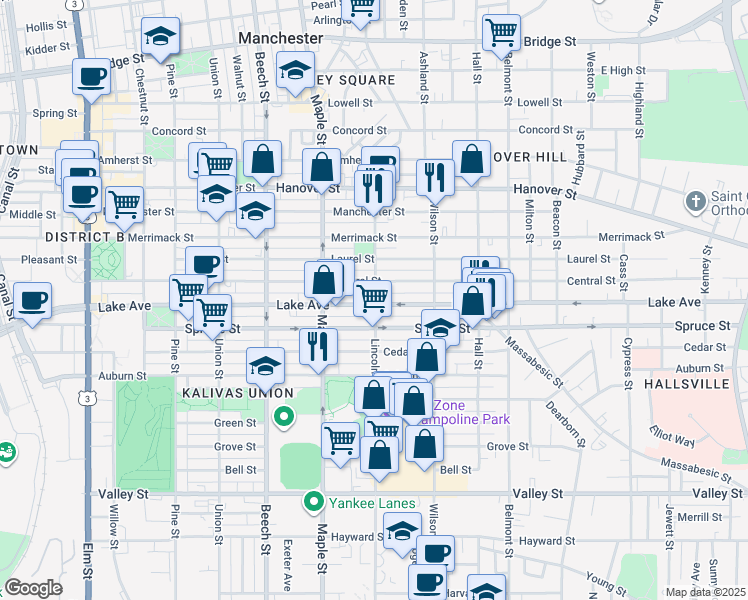 map of restaurants, bars, coffee shops, grocery stores, and more near 345 Lake Avenue in Manchester