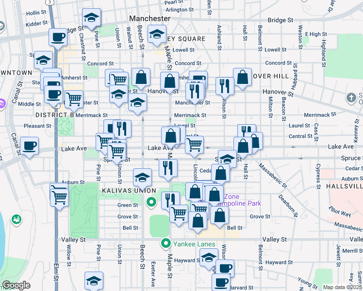 map of restaurants, bars, coffee shops, grocery stores, and more near 311 Lake Avenue in Manchester
