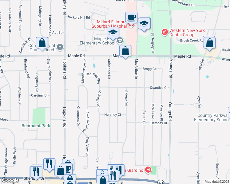 map of restaurants, bars, coffee shops, grocery stores, and more near 28 Telfair Drive in Buffalo