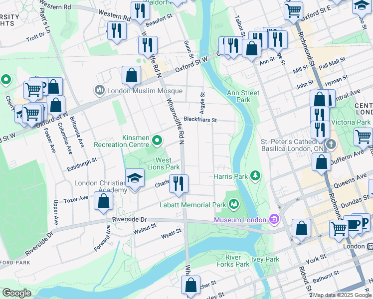 map of restaurants, bars, coffee shops, grocery stores, and more near 129 Wharncliffe Road North in London