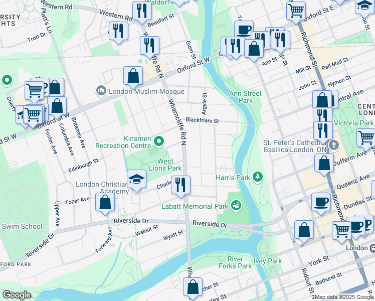map of restaurants, bars, coffee shops, grocery stores, and more near 129 Wharncliffe Road North in London