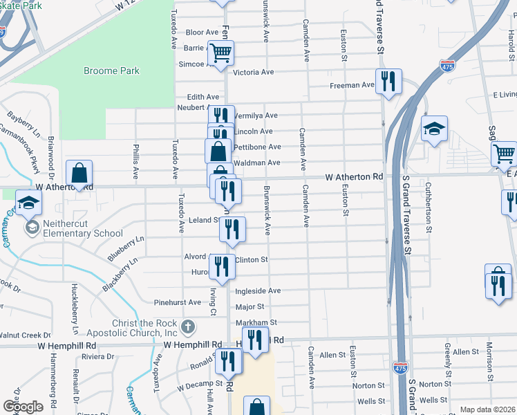 map of restaurants, bars, coffee shops, grocery stores, and more near 911 Leland Street in Flint
