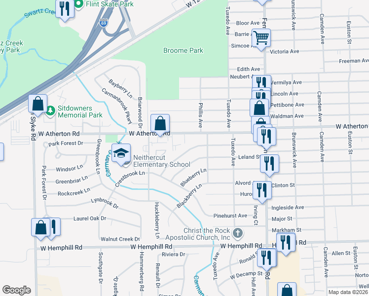 map of restaurants, bars, coffee shops, grocery stores, and more near 1501 Berrywood Lane in Flint