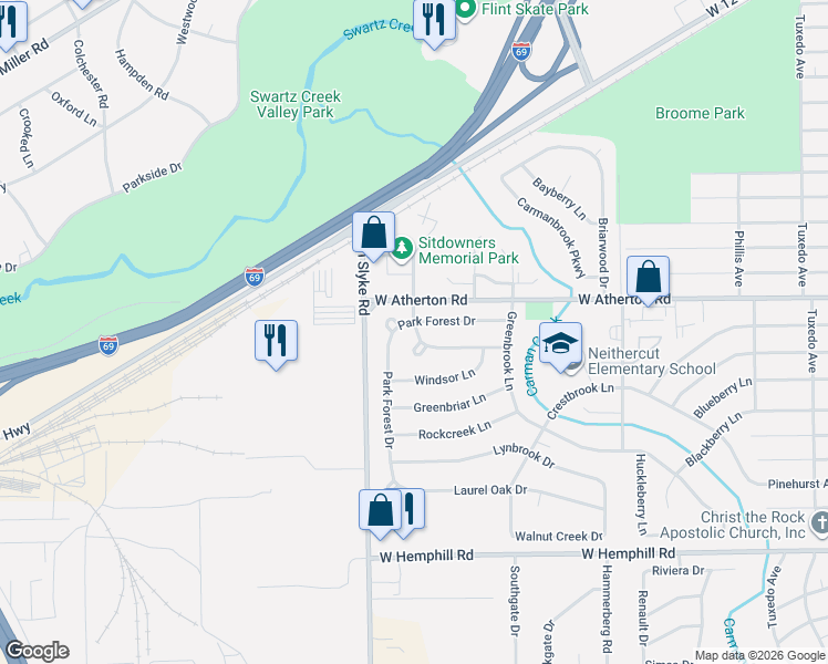 map of restaurants, bars, coffee shops, grocery stores, and more near 3911 Park Forest Drive in Flint