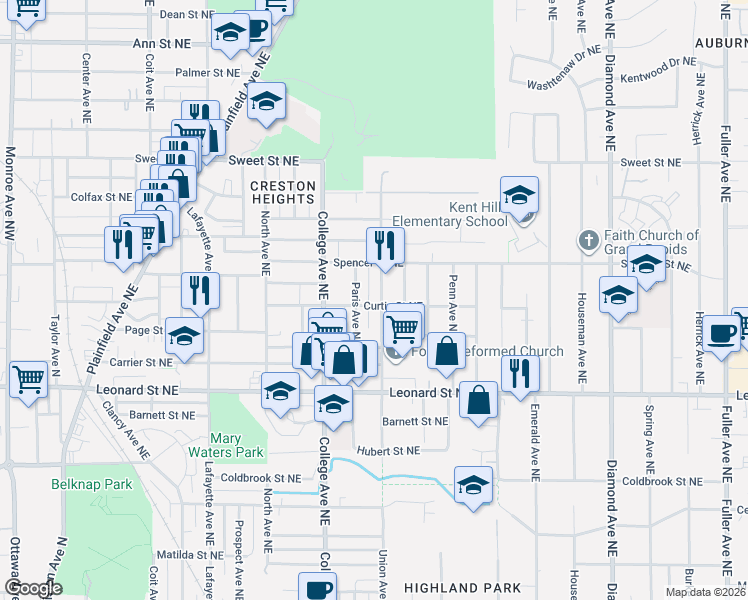 map of restaurants, bars, coffee shops, grocery stores, and more near 1320 Union Avenue Northeast in Grand Rapids