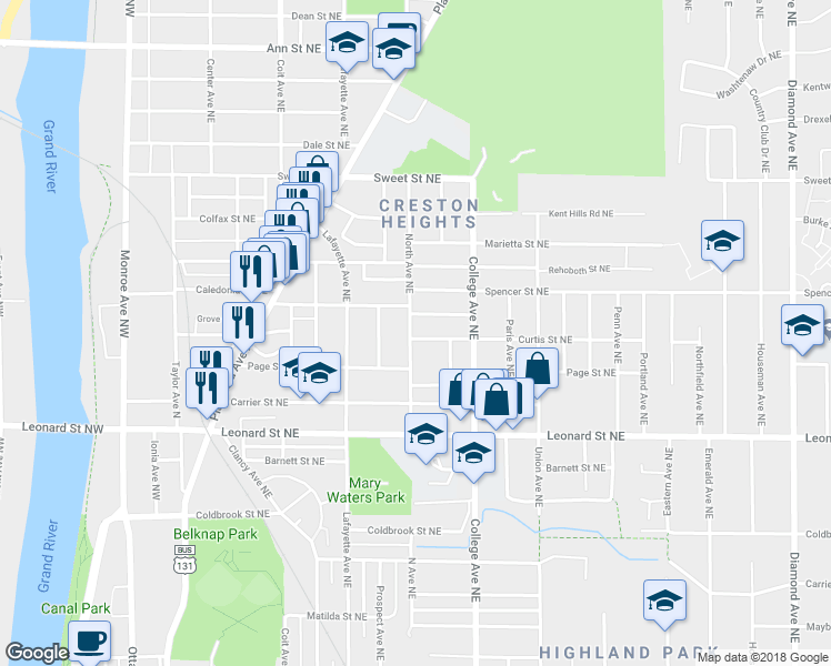 map of restaurants, bars, coffee shops, grocery stores, and more near 416 Curtis Street Northeast in Grand Rapids