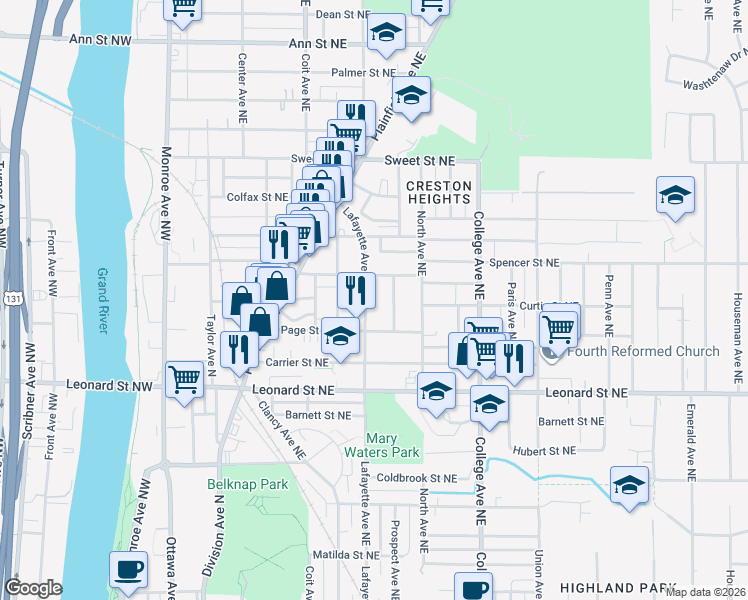 map of restaurants, bars, coffee shops, grocery stores, and more near 1318 Lafayette Avenue Northeast in Grand Rapids