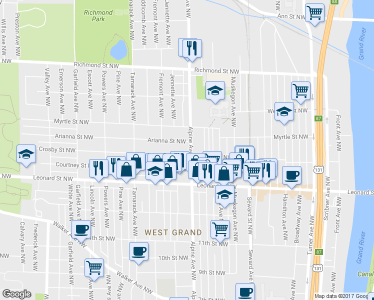 map of restaurants, bars, coffee shops, grocery stores, and more near 886 Broadway Avenue Northwest in Grand Rapids