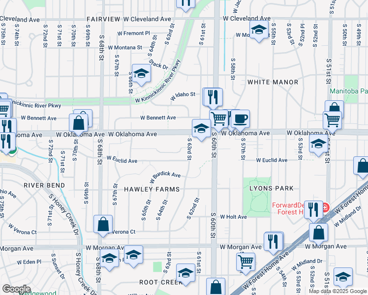 map of restaurants, bars, coffee shops, grocery stores, and more near 6301 West Lakefield Drive in Milwaukee