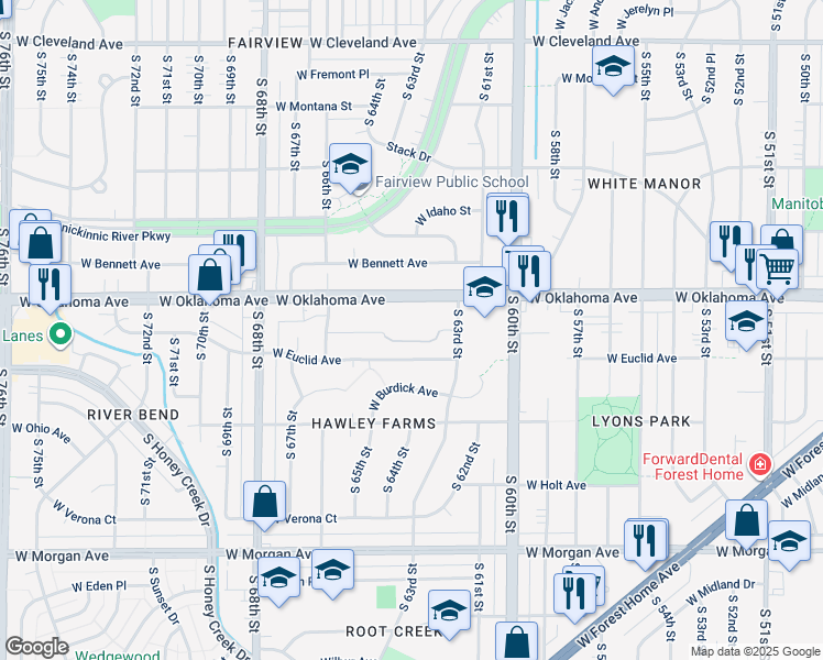 map of restaurants, bars, coffee shops, grocery stores, and more near 6348-6350 West Euclid Avenue in Milwaukee