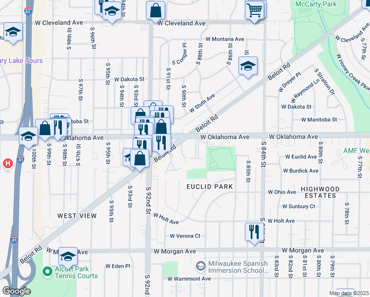 map of restaurants, bars, coffee shops, grocery stores, and more near 8839 West Oklahoma Avenue in Milwaukee