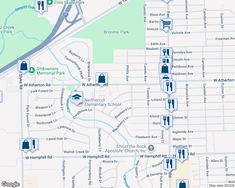 map of restaurants, bars, coffee shops, grocery stores, and more near 1501 Berrywood Lane in Flint