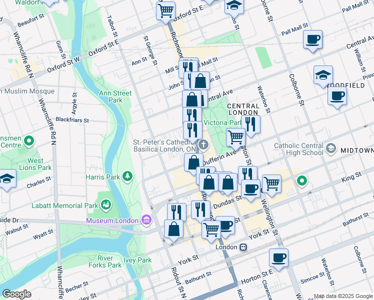 map of restaurants, bars, coffee shops, grocery stores, and more near 155 Kent Street in London