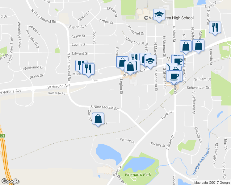 map of restaurants, bars, coffee shops, grocery stores, and more near 508 Topp Avenue in Verona