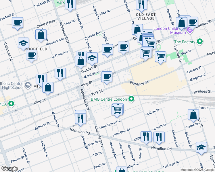 map of restaurants, bars, coffee shops, grocery stores, and more near 700 York Street in London