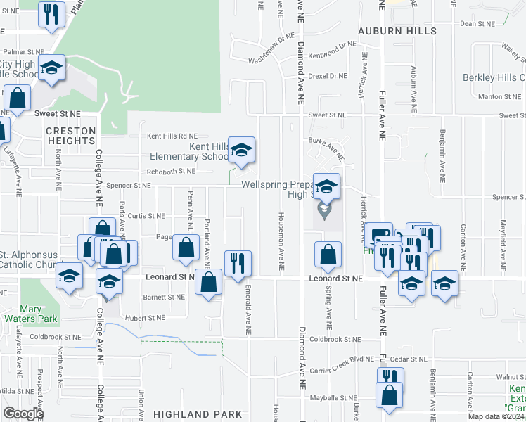 map of restaurants, bars, coffee shops, grocery stores, and more near 1340 Emerald Avenue Northeast in Grand Rapids