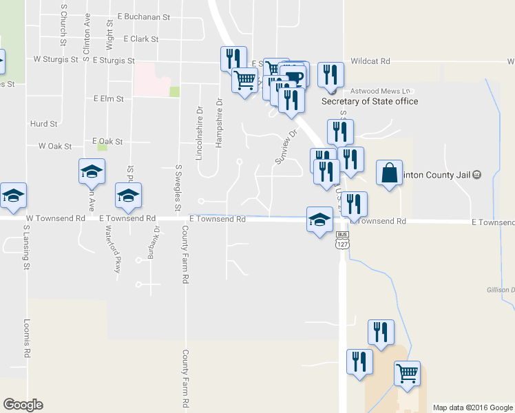 map of restaurants, bars, coffee shops, grocery stores, and more near 1240 Sunview Drive in Saint Johns