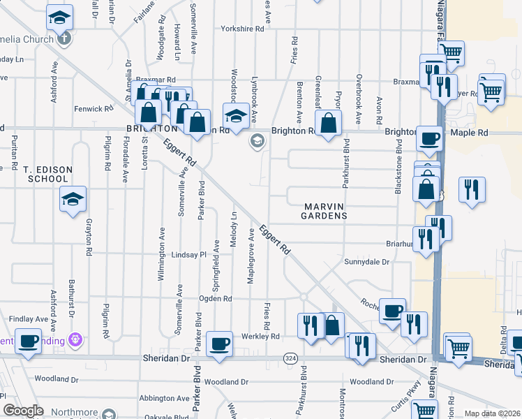 map of restaurants, bars, coffee shops, grocery stores, and more near 300 Fries Road in Tonawanda
