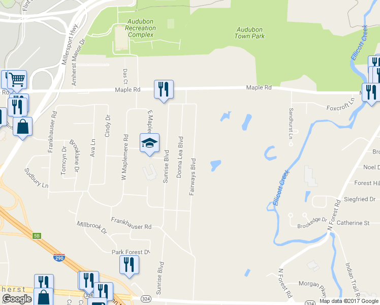 map of restaurants, bars, coffee shops, grocery stores, and more near 230 Fairways Boulevard in Buffalo