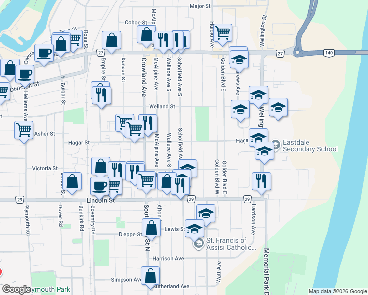 map of restaurants, bars, coffee shops, grocery stores, and more near 280 Scholfield Avenue South in Welland