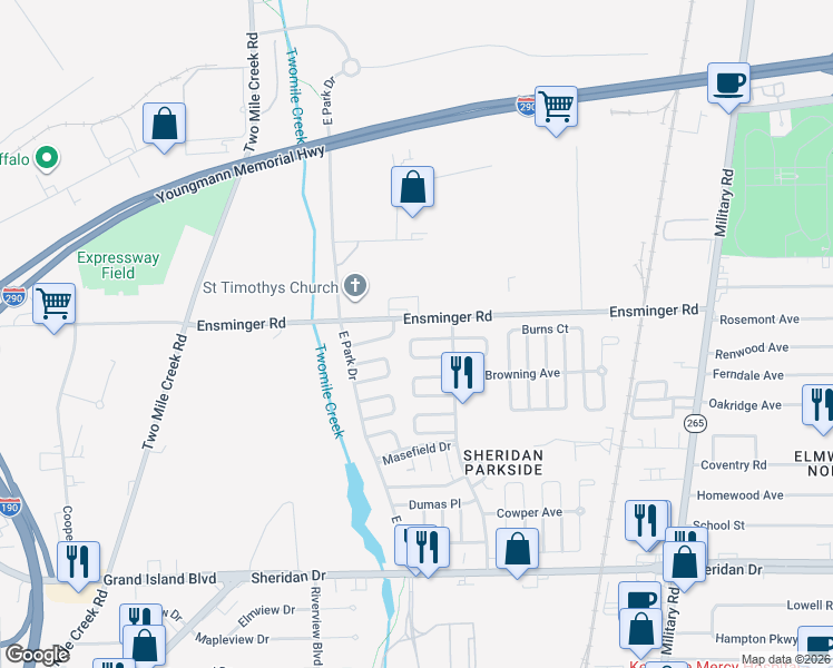 map of restaurants, bars, coffee shops, grocery stores, and more near 76 Longfellow Court in Tonawanda