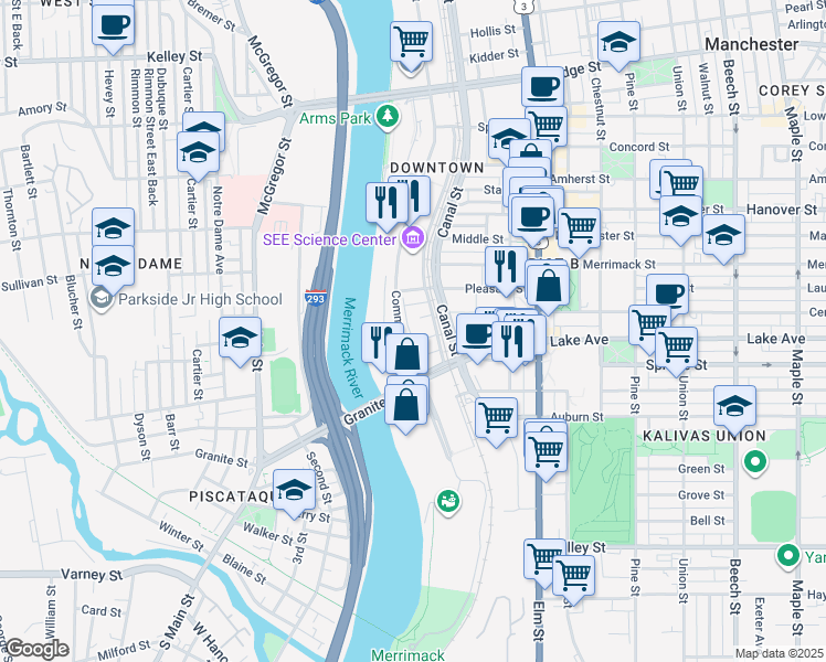 map of restaurants, bars, coffee shops, grocery stores, and more near 73 State Street in Manchester