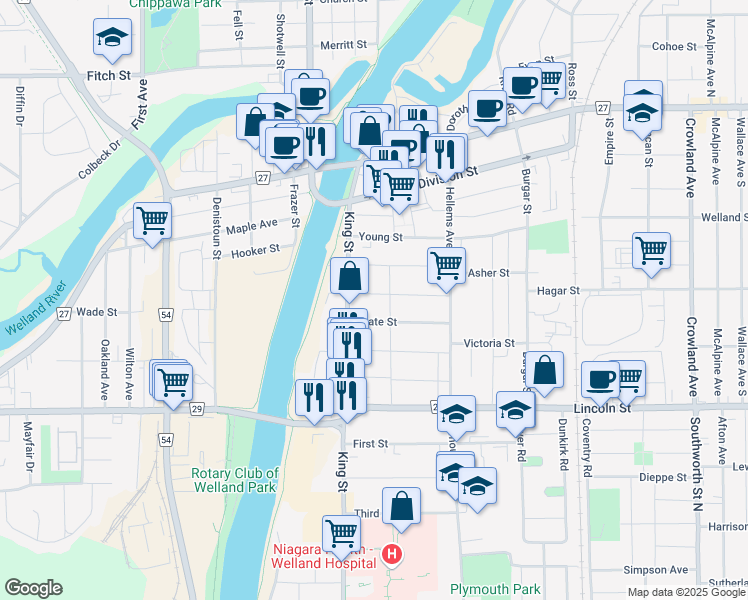 map of restaurants, bars, coffee shops, grocery stores, and more near 67 Regent Street in Welland
