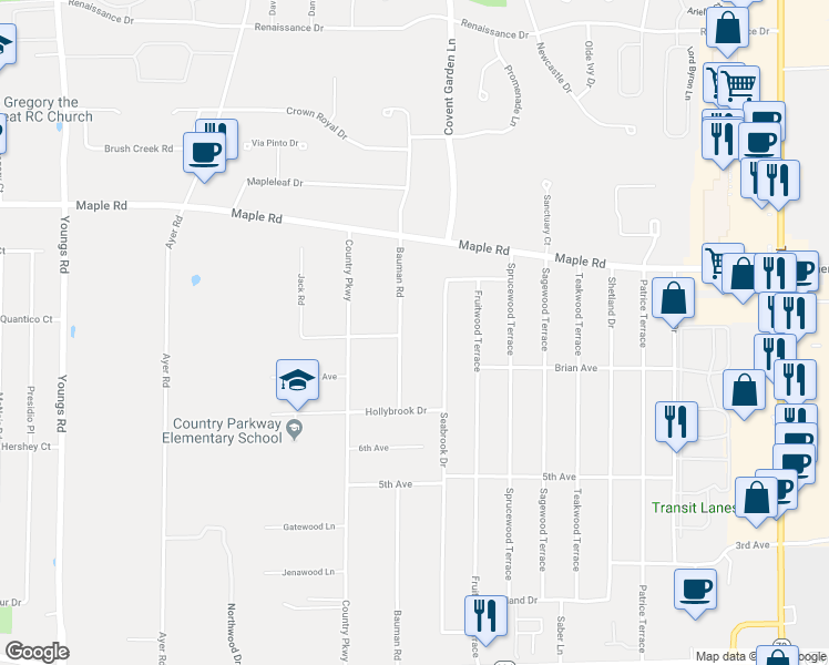 map of restaurants, bars, coffee shops, grocery stores, and more near 345 Bauman Road in Buffalo