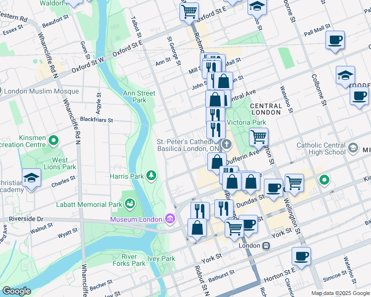 map of restaurants, bars, coffee shops, grocery stores, and more near 544 Talbot Street in London