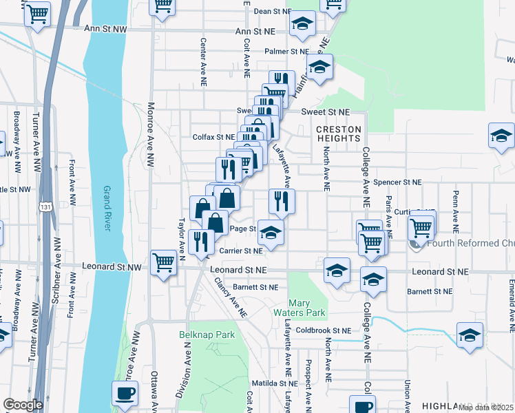 map of restaurants, bars, coffee shops, grocery stores, and more near 1334 Carman Avenue Northeast in Grand Rapids