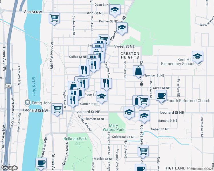 map of restaurants, bars, coffee shops, grocery stores, and more near 1335 Lafayette Avenue Northeast in Grand Rapids