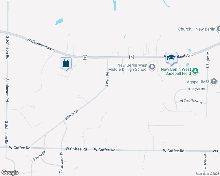 map of restaurants, bars, coffee shops, grocery stores, and more near 3180 South Wehr Road in New Berlin